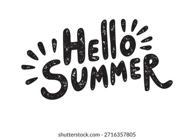 Hand drawn Hello Summer black scribble lettering with sunburst doodles on white background typography. Vector illustration