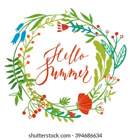 Hand drawn Hello Summer calligraphic card with flowers and leaves.