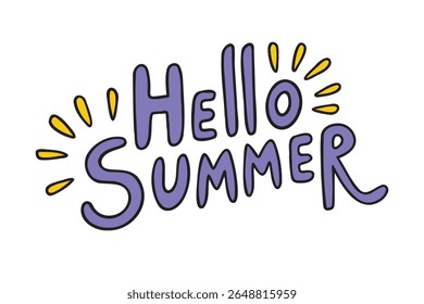  Hand drawn Hello Summer purple scribble lettering with yellow sunburst doodles on white background colorful typography. Vector illustration