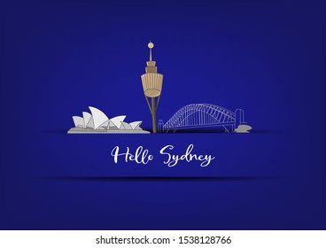 hand drawn of hello sydney city landmark,australia in vector illustration on gradient royal blue background