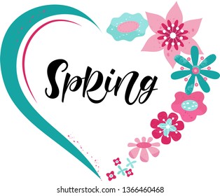 Hand drawn HELLO typography poster. Text for card, postcard, event icon, logo. Vector cartoon style spring or summer calligraphy. Black inscription with heart of pink and blue flowers. Vector EPS