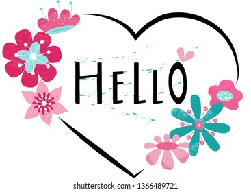 Hand drawn HELLO typography poster. Text for card, postcard, event icon, logo. Vector cartoon style spring or summer calligraphy. Black inscription with heart of pink and blue flowers. EPS