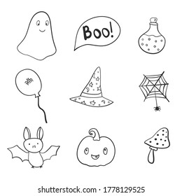 Dibujando mano con infernales, garabatos, set.Hand dibujó símbolos tradicionales de Halloween. Ilustraciones de estilo Doodle: calabaza tallada, telaraña, sombrero, olla mágica de poción. Vector aislado sobre fondo blanco.