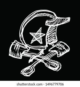 hand drawn helmet and pistons doodle with black background isolated