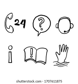 hand drawn  Help and Support Related Vector Line Icons. Contains such Icons as Phone Assistant, Online Help, doodle style