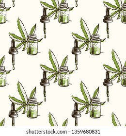 Hand drawn hemp oil drop seamless pattern. A medical bottle with marijuana leaf and dropper with hemp oil. Vector sketch for medical design. Illustration on white background in watercolor style.
