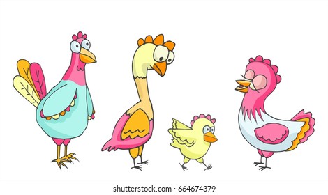 Hand drawn hen, rooster, chicken, isolated on white background. Vector illustration