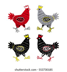 Hand drawn hen Set in Vector. Funny animal - doodle domestic bird hen