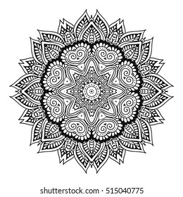 Hand Drawn Henna Abstract Mandala Flowers and Paisley Doodle, antistress for adult Coloring Page for coloring book.