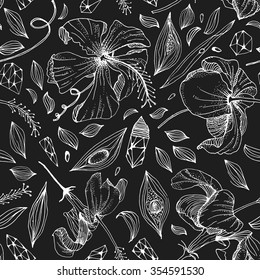 Hand drawn herb, crystal and flower seamless pattern in vector. Boho background for your design.