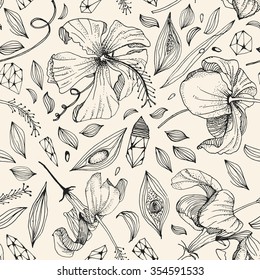 Hand drawn herb, crystal and flower seamless pattern in vector. Boho background for your design.