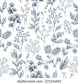 Hand Drawn Herb And Flower Seamless Background. Floral Pattern. Vector Illustration