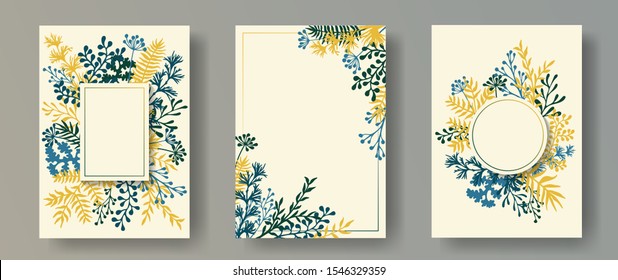 Tiras de hierba dibujadas a mano, ramas de árboles, flores, cartas de invitación floral. Las plantas bordean las tarjetas de invitación modernas con flores de león, helechos, mistletoe, ramas de olivo y ramas sabrosas.