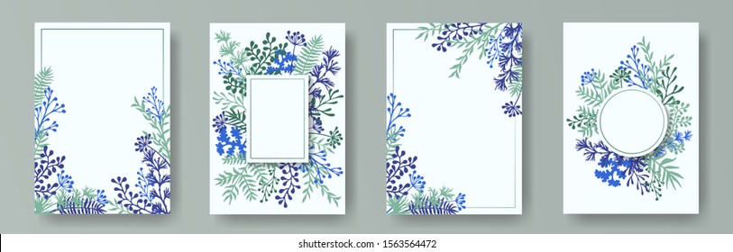 Hand drawn herb twigs, tree branches, flowers floral invitation cards collection. Herbal frames elegant invitation cards with dandelion flowers, fern, lichen, olive branches, savory twigs.