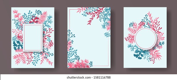 Hand drawn herb twigs, tree branches, flowers floral invitation cards set. Bouquet wreath vintage invitation cards with dandelion flowers, fern, mistletoe, olive branches, sage twigs.