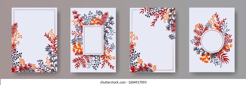 Hand drawn herb twigs, tree branches, flowers floral invitation cards templates. Bouquet wreath creative cards design with dandelion flowers, fern, lichen, olive branches, savory twigs.