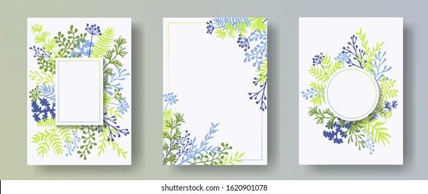 Hand drawn herb twigs, tree branches, leaves floral invitation cards templates. Plants borders natural cards design with dandelion flowers, fern, lichen, eucalyptus leaves, savory twigs.