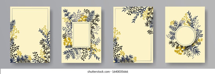 Hand drawn herb twigs, tree branches, leaves floral invitation cards templates. Bouquet wreath elegant cards design with dandelion flowers, fern, lichen, olive branches, savory twigs.