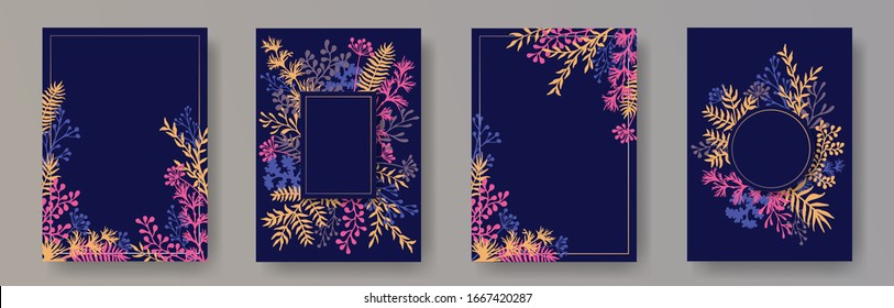 Hand drawn herb twigs, tree branches, leaves floral invitation cards set. Herbal frames vintage cards design with dandelion flowers, fern, mistletoe, olive branches, sage twigs.