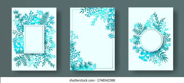 Hand drawn herb twigs, tree branches, flowers floral invitation cards templates. Bouquet wreath romantic cards design with dandelion flowers, fern, lichen, eucalyptus leaves, savory twigs.