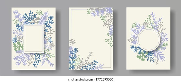 Hand drawn herb twigs, tree branches, leaves floral invitation cards collection. Bouquet wreath rustic invitation cards with dandelion flowers, fern, mistletoe, olive branches, savory twigs.