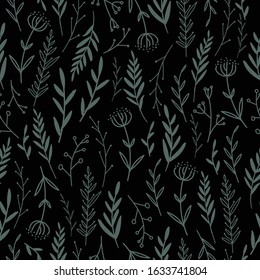 Hand drawn herbal nature seamless pattern. Graphic plants on black background. Vector Wrapping paper design template.