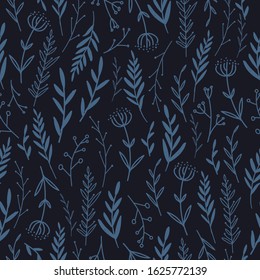 Hand drawn herbal seamless pattern. Blue Graphic plants on black background. Vector. Wrapping paper design template.