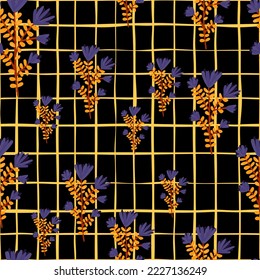 Patrón inestable de hierbas extraídas a mano. Fondo orgánico a mano libre. Papel de paredes sin fin de flores de bosque decorativo. Diseño para tela, impresión textil, envoltura, cubierta. Ilustración vectorial.