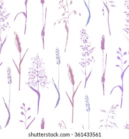 Hand drawn herbal seamless pattern. Meadow grass seamless pattern in purple and lilac colors. Beauty nature background.