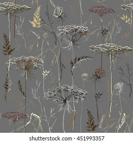 Hand drawn herbal seamless pattern. Yellow brown autumn silhouettes of meadow herbs and grass on gray background. For bio products package botany design. Botanical vector illustration stock vector.