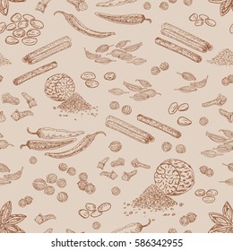 Hand drawn herbal spices seamless pattern with nutmeg cinnamon chili pepper clove cardamom coriander seeds vector illustration