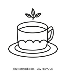 Hand drawn herbal tea cup with leaves. Kitchen utensils doodle illustration for menu design