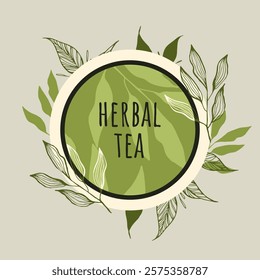 Hand drawn herbal tea logo. Illustration of tea leaves. Vintage emblem.