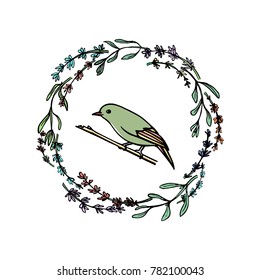 Hand drawn herbal wreath with a small bird made in vector. Beautiful floral design elements, ink drawing, logo template