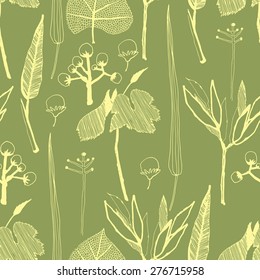 hand drawn herbarium elements seamless pattern
