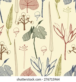 hand drawn herbarium elements seamless pattern