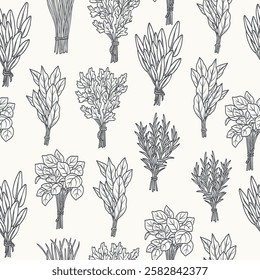 Hand drawn herbs bunches background. Sage, chives, basil, laurel bay, rosemary, coriander, parsley