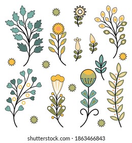 hand drawn herbs and flowers. Floral wreath. Herbal frame. Greenery set isolated on white. Vector rustic design great for spring or summer theme or to ornate quote