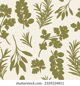 Hand drawn herbs seamless pattern. Coriander, rosemary, sage, moringa background