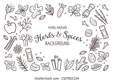 Hand drawn herbs and spices background. Food ingredients for cooking illustration. Isolated doodle icons on white background. Vector illustration.