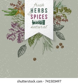 Hand drawn herbs and spices composition with paper emblem. Can be used for menu design, poster, banner, emblem, sticker or placard.