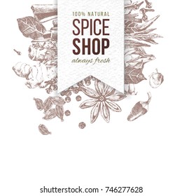 Hand drawn herbs and spices composition with paper emblem. Can be used for menu design, poster, banner, emblem, sticker or placard.
