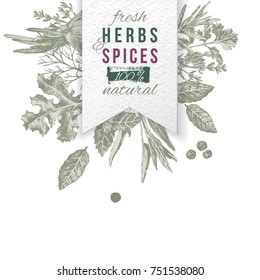 Hand drawn herbs and spices composition with paper emblem. Can be used for menu design, poster, banner, emblem, sticker or placard.