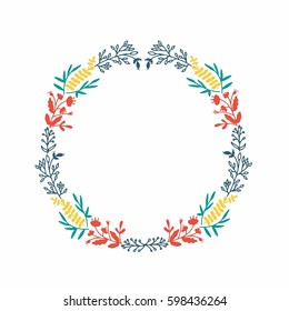 Hand drawn herbs wreath with leaves and twigs. Creative decorative elements. Perfect for valentines day, tags, stickers, designing cards, holiday letters, wedding, birthday, save the date invitation.