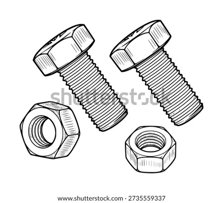 Hand drawn of hex head bolts and hex nuts white background hardware fastener