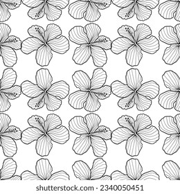 hand drawn hibicus flower seamless pattern on white background