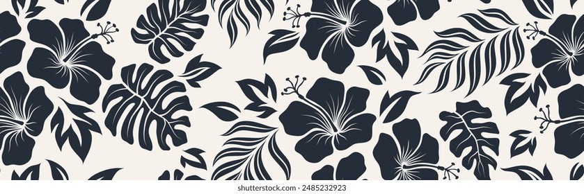 Hand drawn hibiscus floral Tropical seamless pattern.