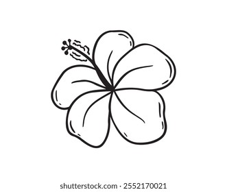 Flor de hibisco desenhada à mão, ícone de doodle de rosa chinesa. Ícone de contorno do Hibiscus, desenho simples de clipart de linha de vetor, imagem isolada em preto e branco em um fundo branco. Ilustração vetorial