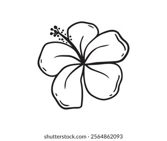 Hand drawn hibiscus flower, chinese rose doodle icon. Hibiscus outline icon, simple vector line clipart drawing, black and white isolated image on a white background. Vector illustration