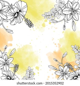 hand drawn hibiscus flower and leaf pattern illustration